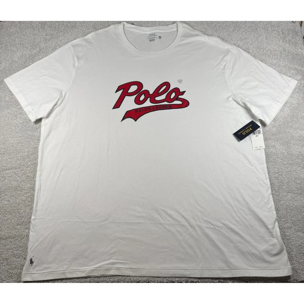 Polo Ralph Lauren T-Shirt Men 4XLT White Script Logo Graphic NWT Big & Tall HOLE